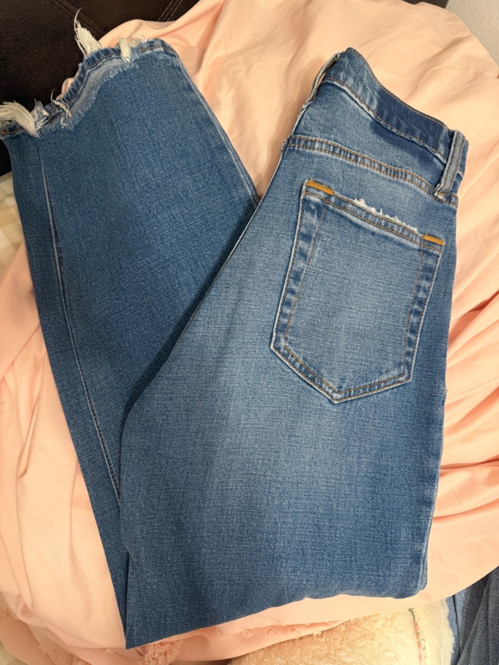 Abercrombie & Fitch Medium Blue High-Rise Ankle Jeans with Frayed Hem